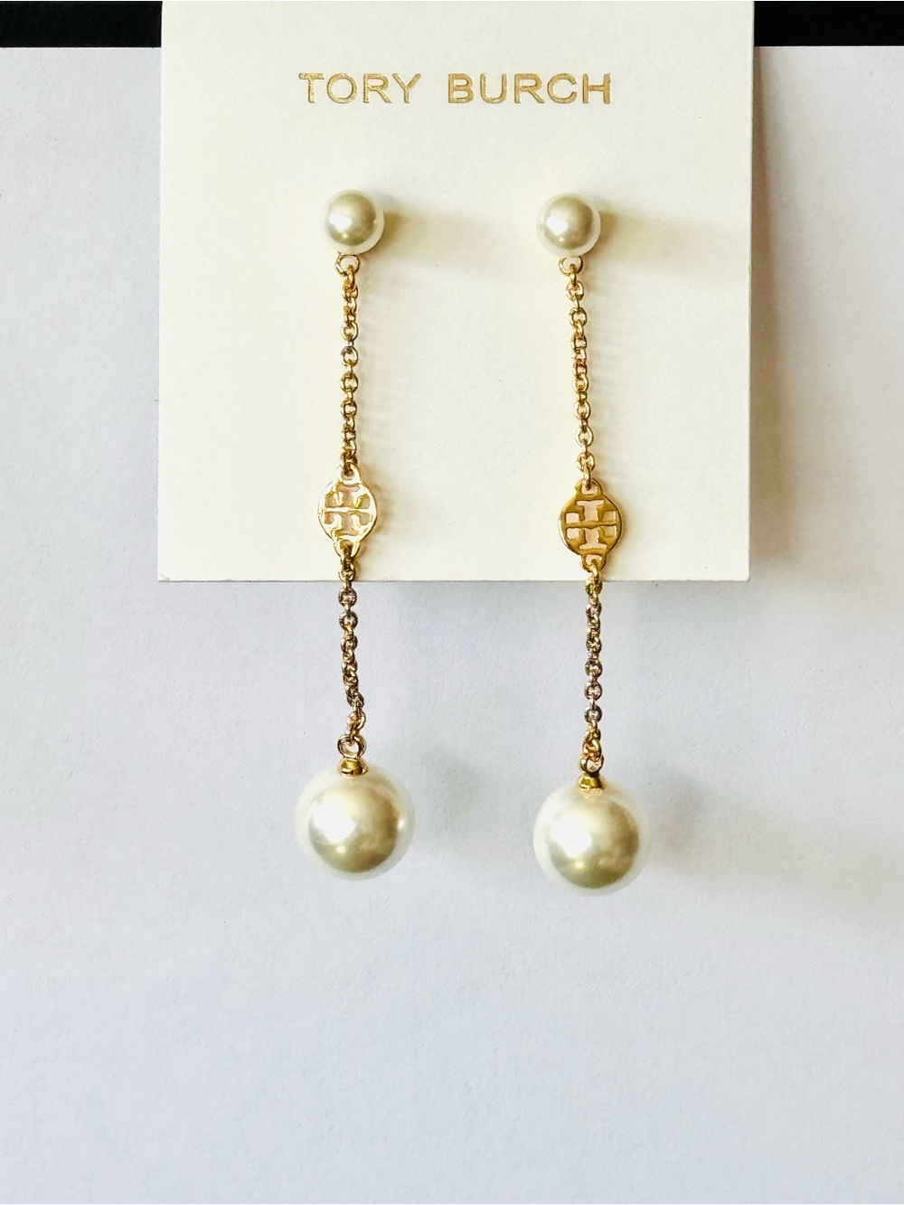 NWT Tory Burch Imitation Pearl Drop Double T Logo Linear Earrings Gold